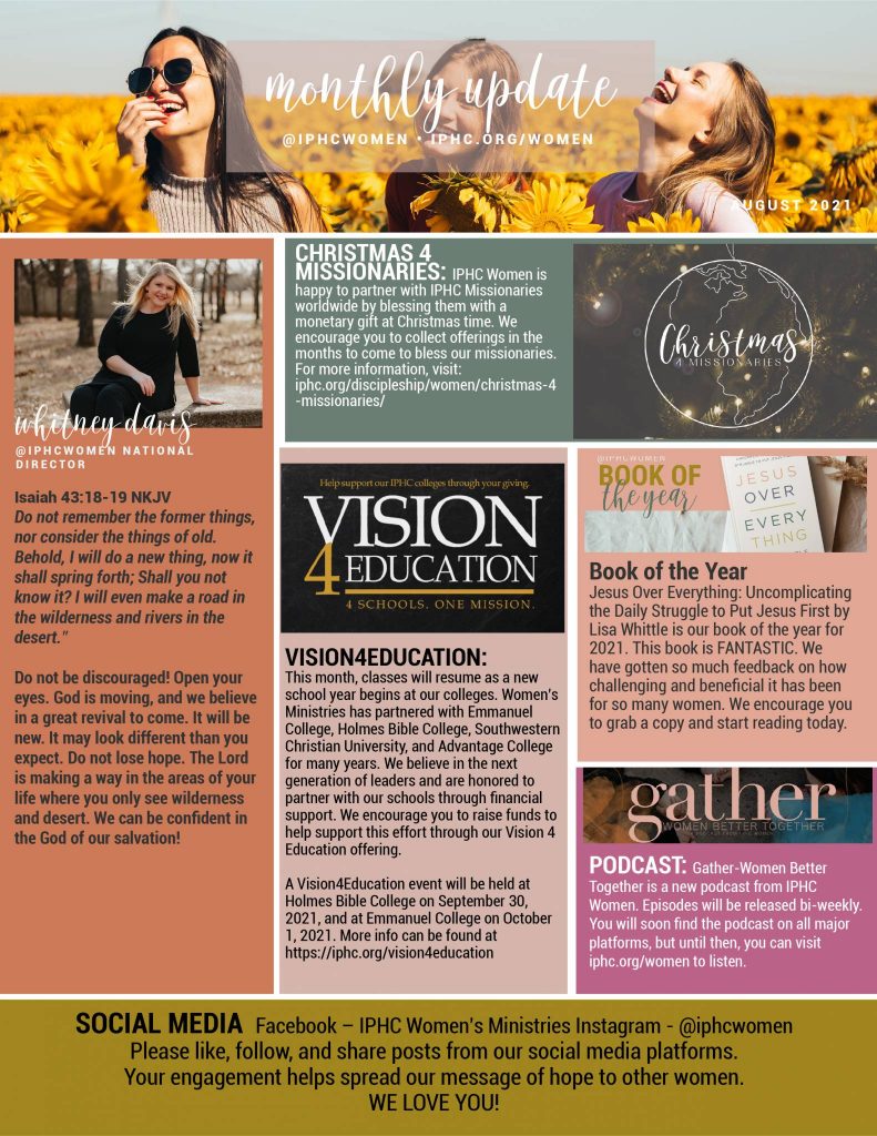 Women's Ministries Monthly Newsletter- August 2021 - IPHC Discipleship ...