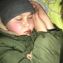 Youngest: Arthur sleeping in Grandpa’s basement (running a fever)
