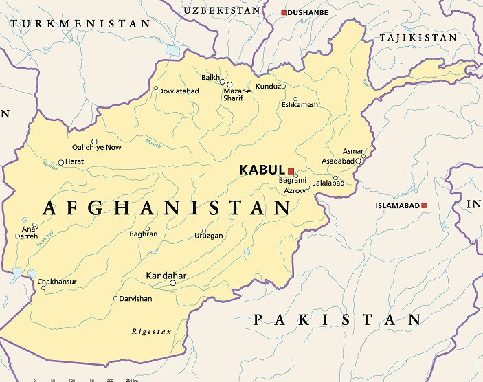 Political map of Afghanistan with capital Kabul, national borders, most important cities, rivers and lakes. Illustration with English labeling and scaling.